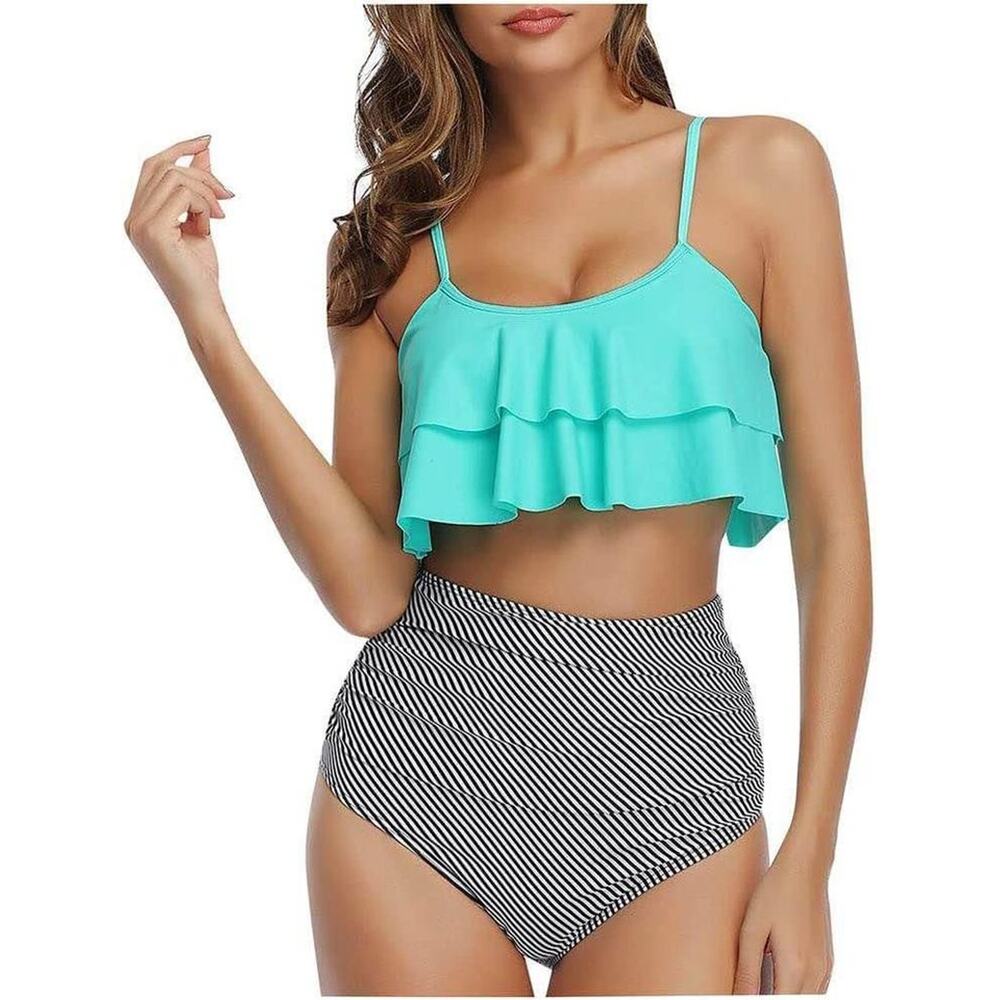 New Two Piece Bathing Suit Top High Waisted Bottoms M